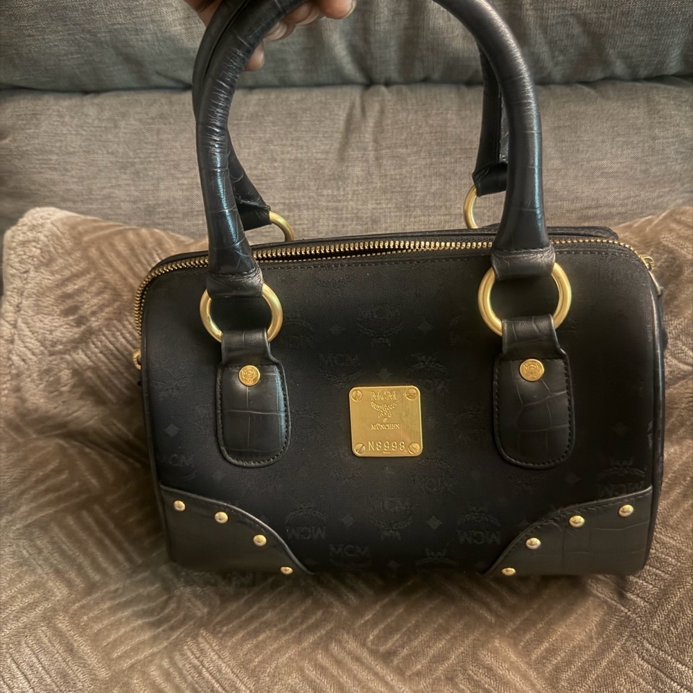 MCM Black Leather Bowling Bag with Gold Accents